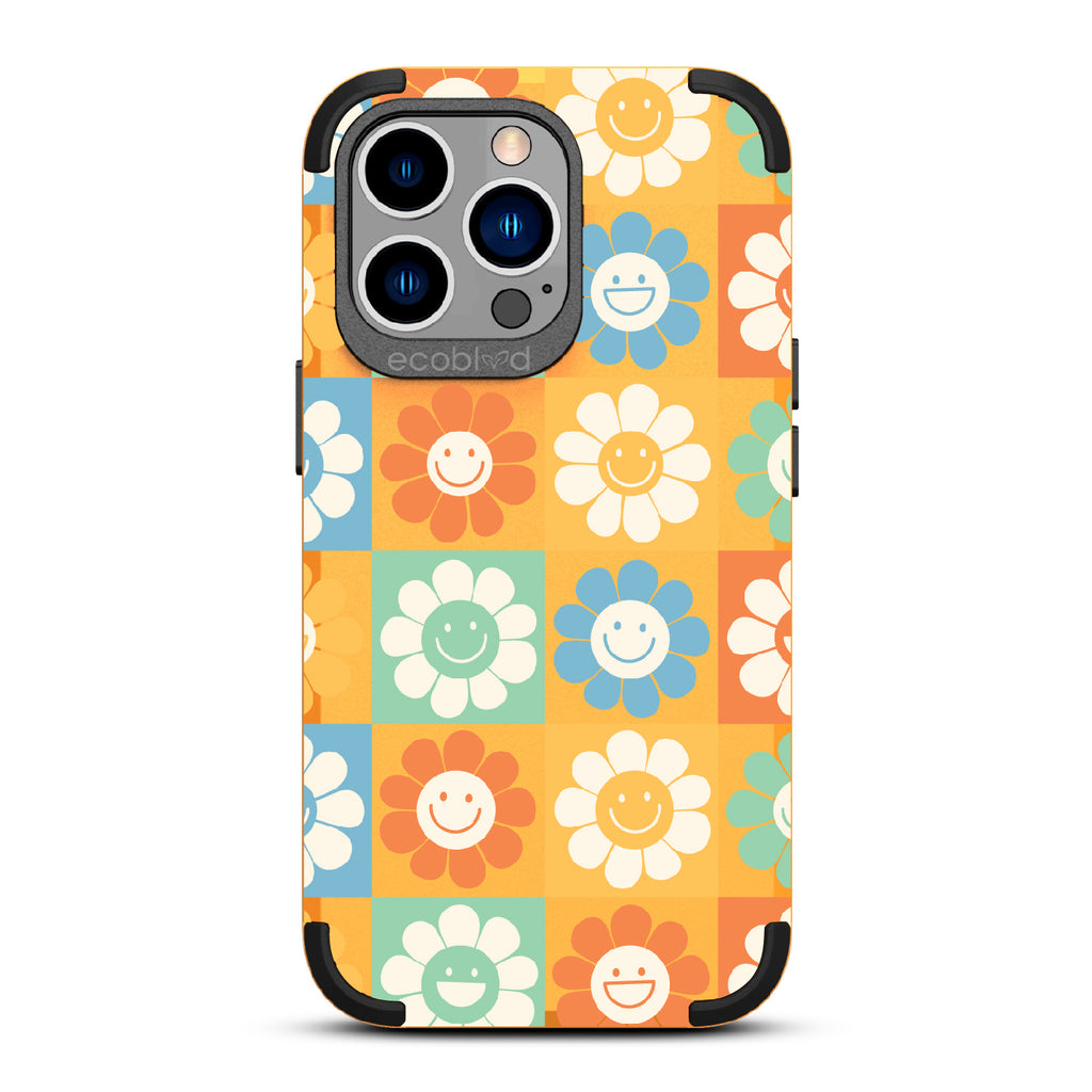 Flower Power - Yellow Rugged Eco-Friendly iPhone 13 Pro Case With70's Gingham Cartoon Flowers W/ Smiley Faces On Back