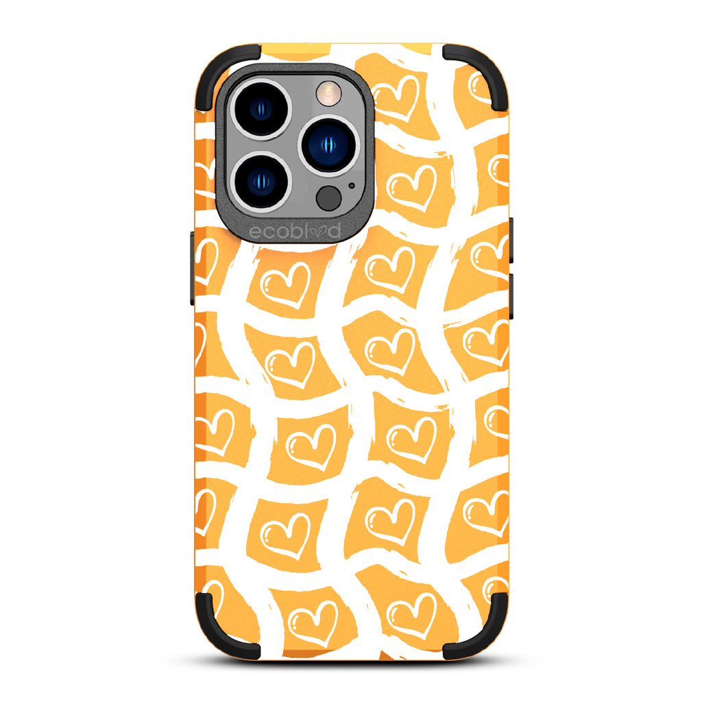 Waves Of Affection - Yellow Rugged Eco-Friendly iPhone 13 Pro Case With Wavy Paint Stroke Checker Print With Hearts On Back