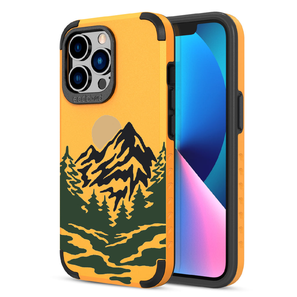 Mountains - Back View Of Yellow & Eco-Friendly Rugged iPhone 12/13 Pro Max Case & A Front View Of The Screen