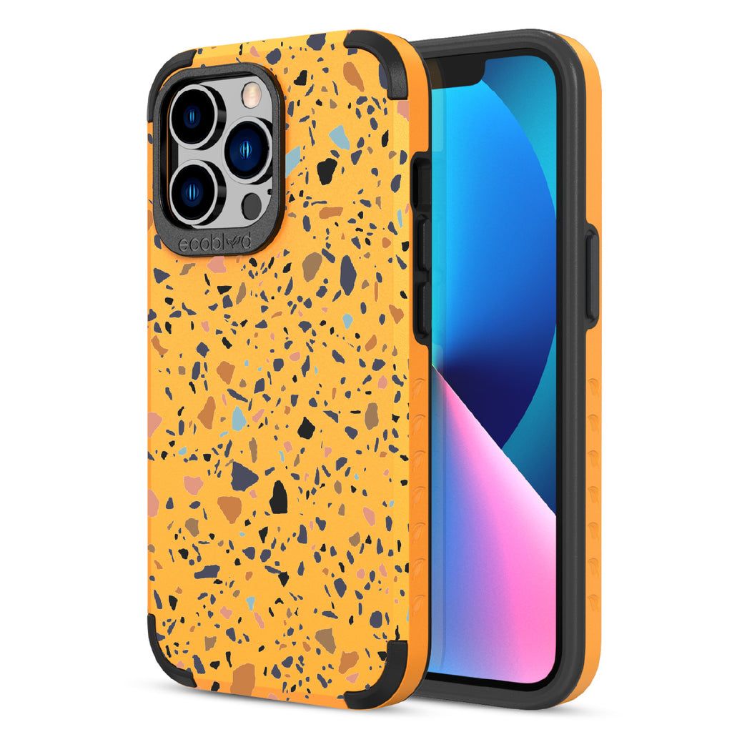 Terrazzo - Back Of Yellow & Eco-Friendly Rugged iPhone 13 Pro Case & A Front View Of The Screen