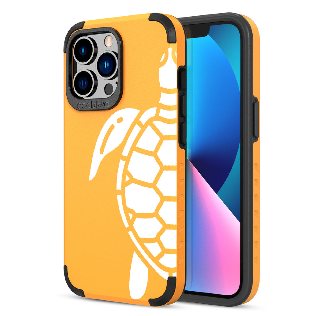 Sea Turtle - Back View Of Yellow & Eco-Friendly Rugged iPhone 13 Pro Case & A Front View Of The Screen
