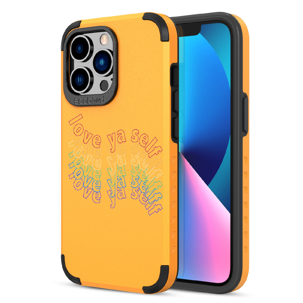 Love Ya Self - Back View  Of Yellow & Eco-Friendly Rugged iPhone 13 Pro Case & A Front View Of The Screen