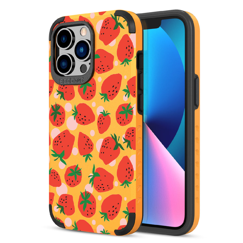 Strawberry Fields - Back View Of Yellow & Eco-Friendly Rugged iPhone 13 Pro Case & A Front View Of The Screen