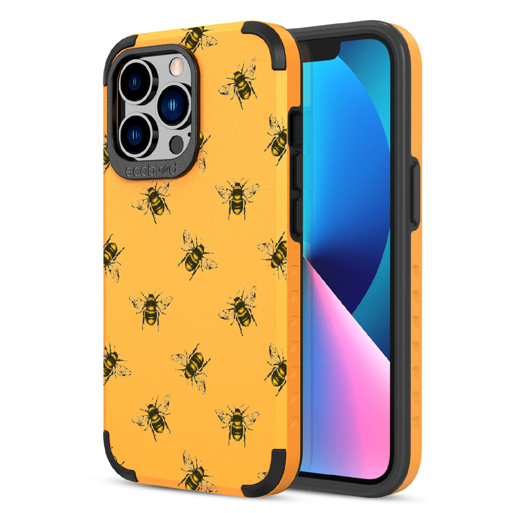 Bees - Back View Of Yellow & Eco-Friendly Rugged iPhone 13 Pro Case & A Front View Of The Screen