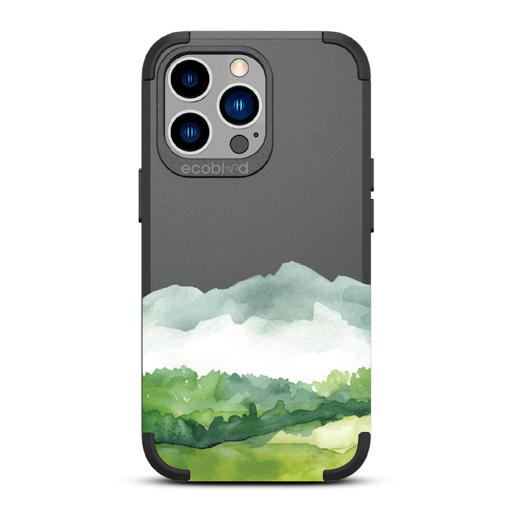 iPhone 12 Pro Max & 13 Pro Max case, rugged compostable phone case in black, back view, Open Horizon design