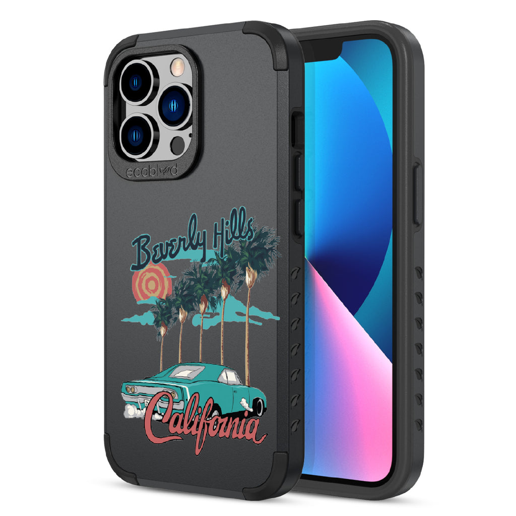 Front and back view of iPhone 13 Pro case, rugged compostable phone case in black, 90210 design