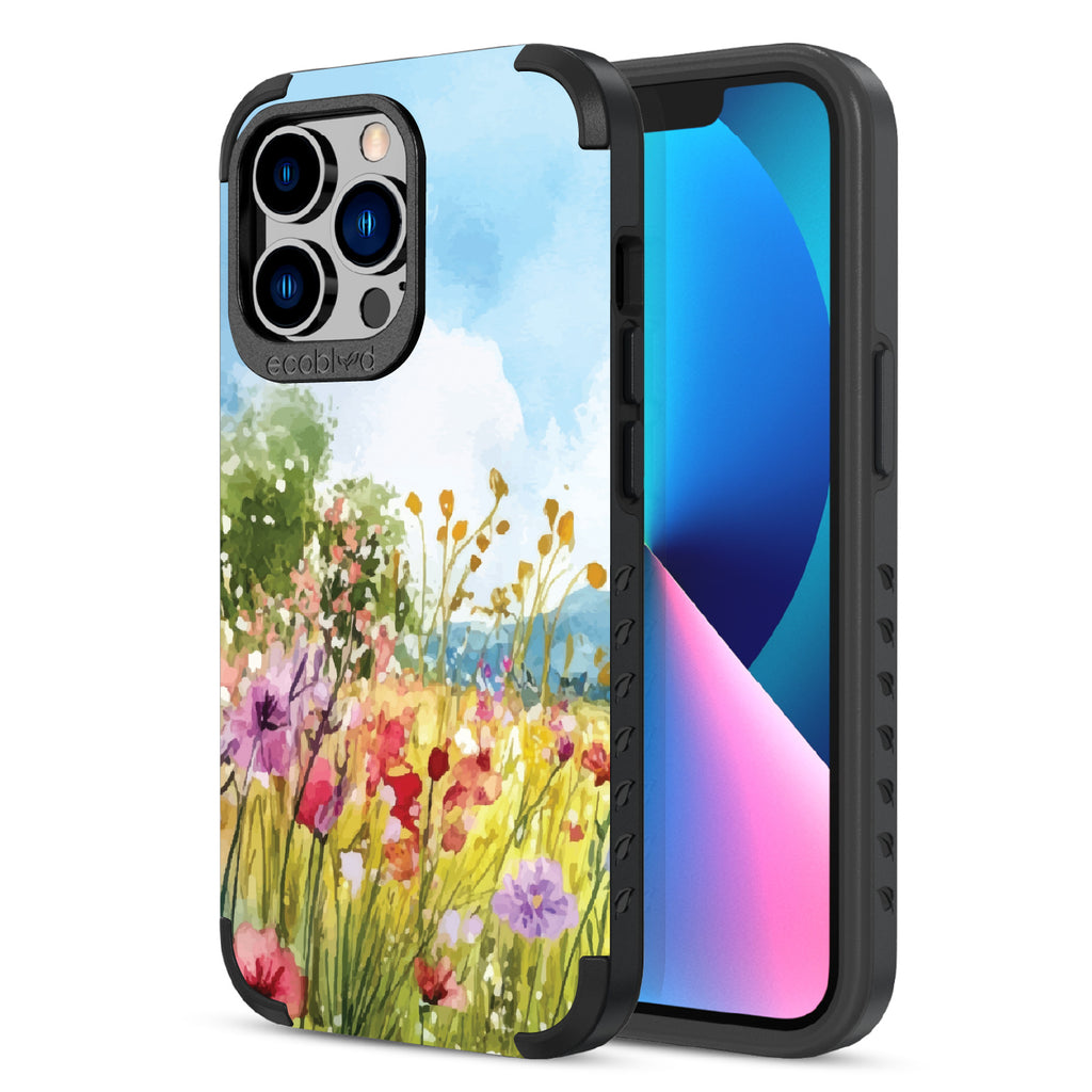 Front and back view of iPhone 13 Pro case, rugged compostable phone case in black, Everwild design