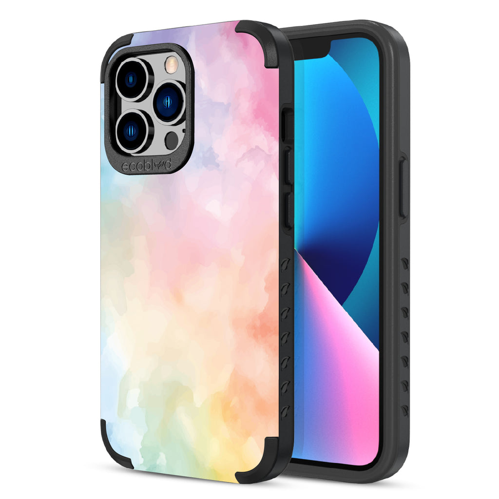 Front and back view of iPhone 13 Pro case, rugged compostable phone case in black, Painted Skies design