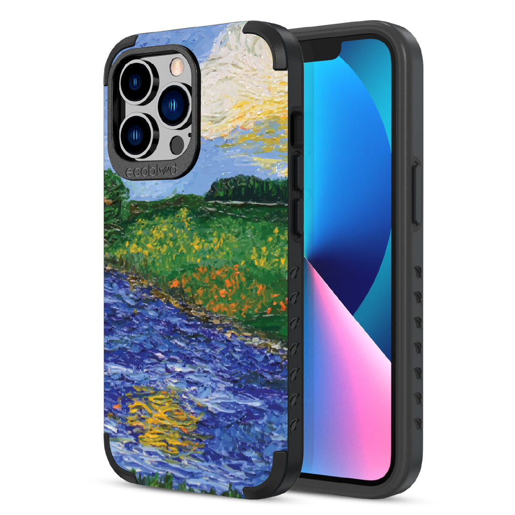 Front and back view of iPhone 13 Pro case, rugged compostable phone case in black, Field of Vision design