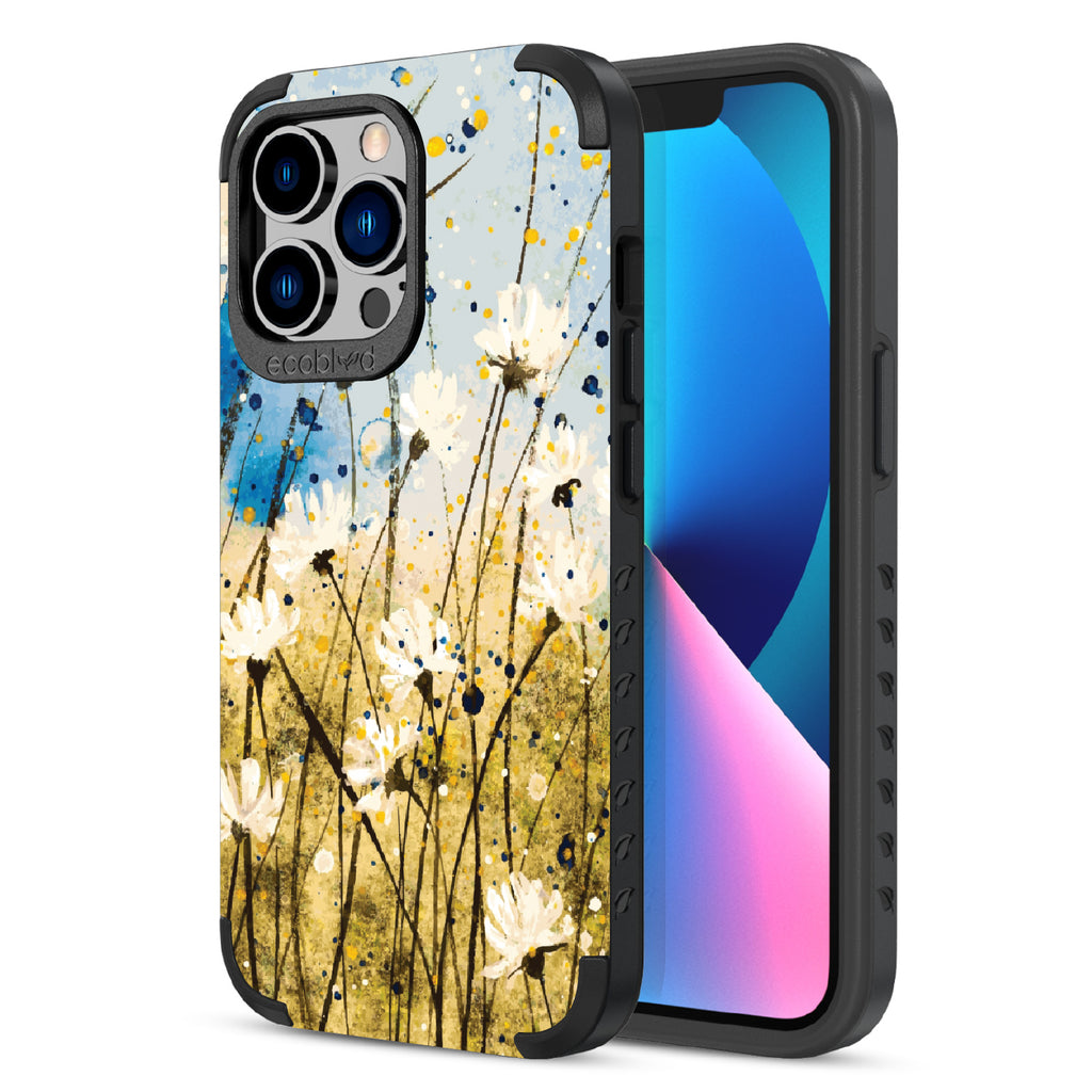 Front and back view of iPhone 13 Pro case, rugged compostable phone case in black, Dandelion Dance design