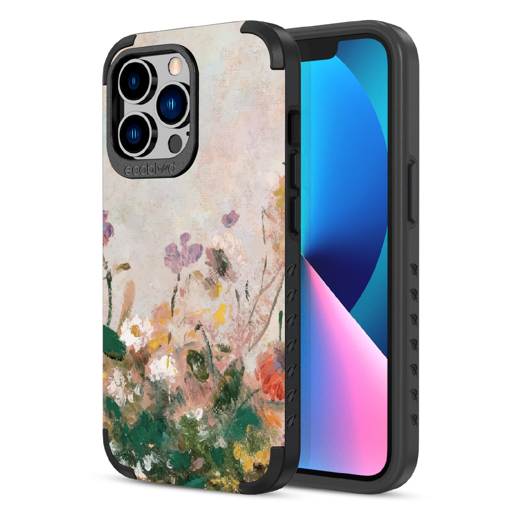 Front and back view of iPhone 13 Pro case, rugged compostable phone case in black, Wild Grace design