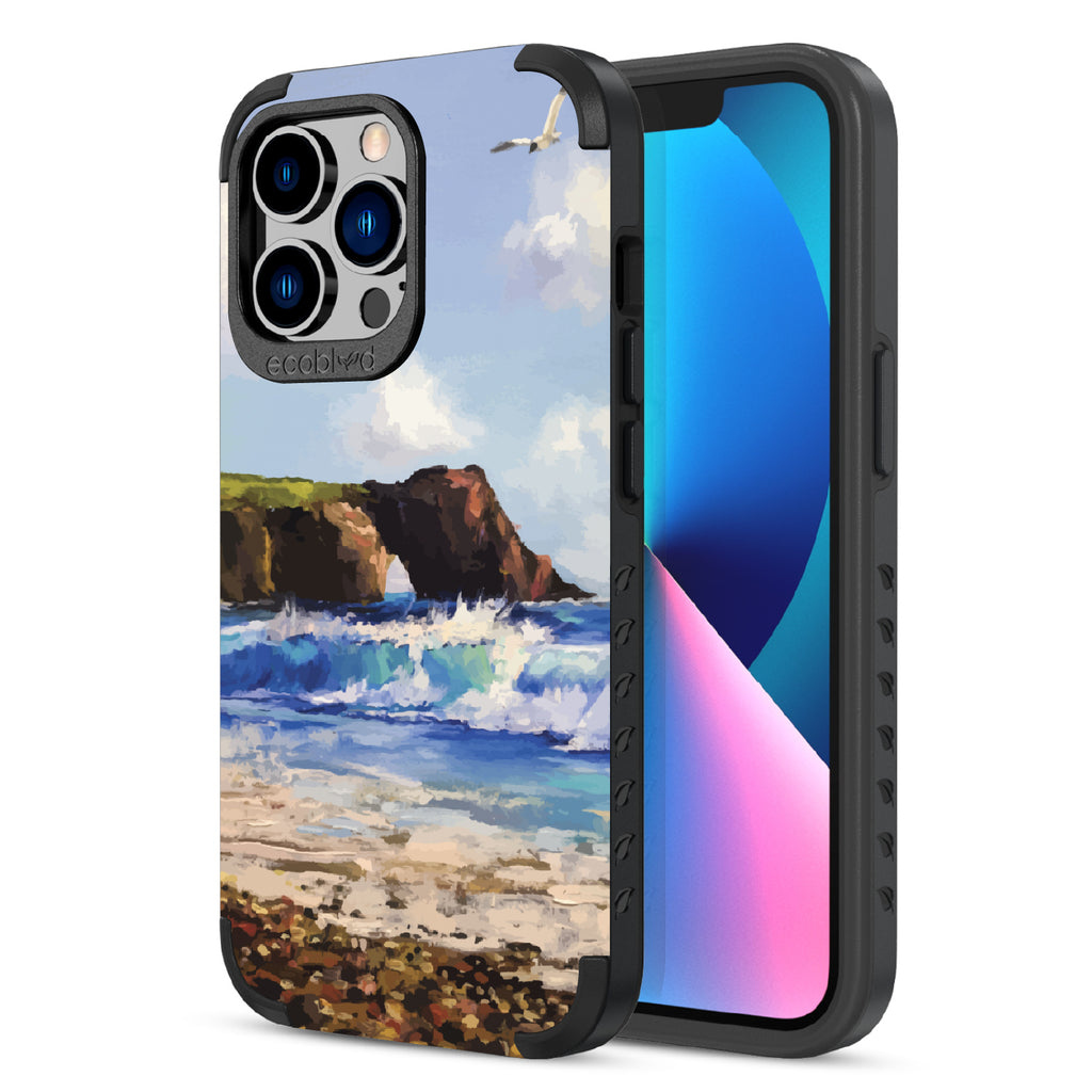 Front and back view of iPhone 13 Pro case, rugged compostable phone case in black, Cliffhanger design