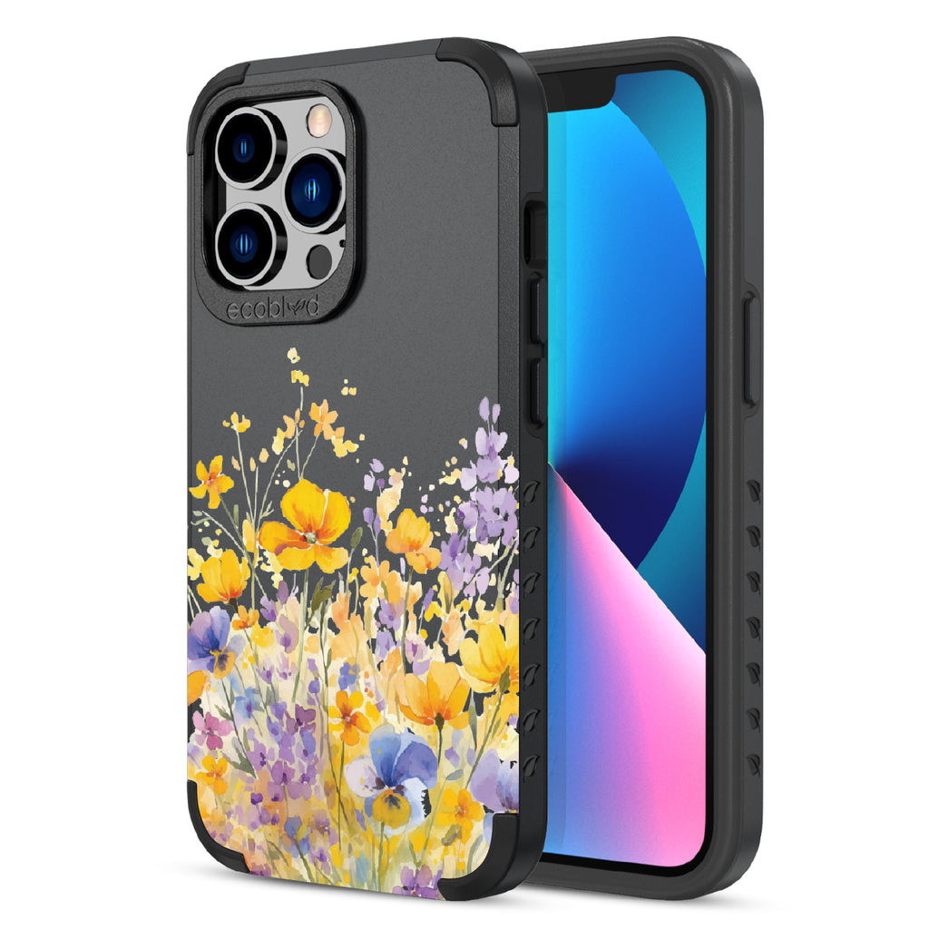 Front and back view of iPhone 13 Pro case, rugged compostable phone case in black, Meadowlight design