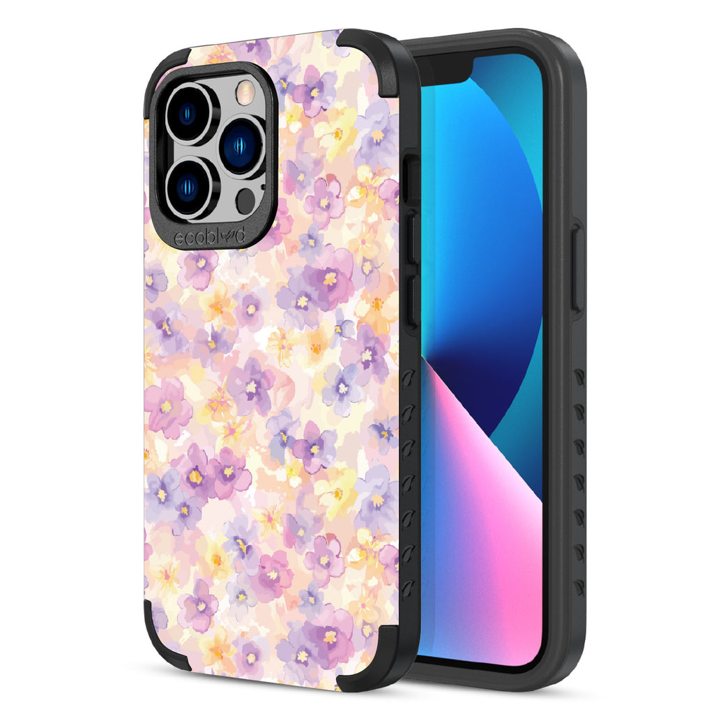 Front and back view of iPhone 13 Pro case, rugged compostable phone case in black, Flowering Thoughts design