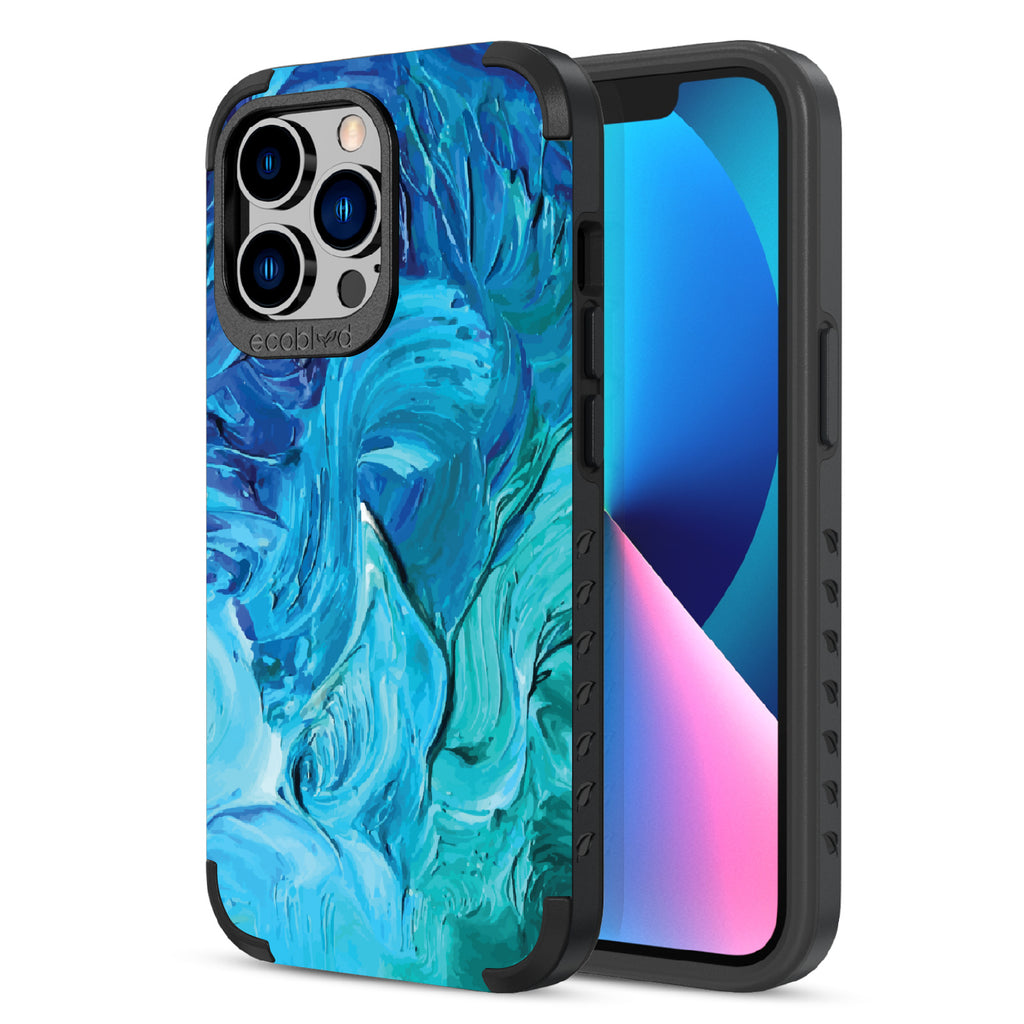 Front and back view of iPhone 13 Pro case, rugged compostable phone case in black, Oceanswept design