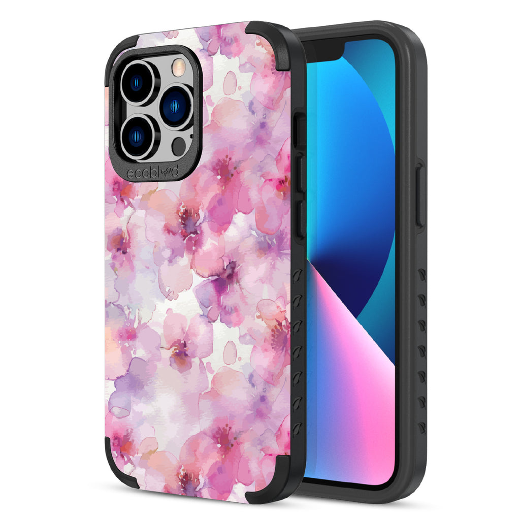 Front and back view of iPhone 13 Pro case, rugged compostable phone case in black, Rose Water design