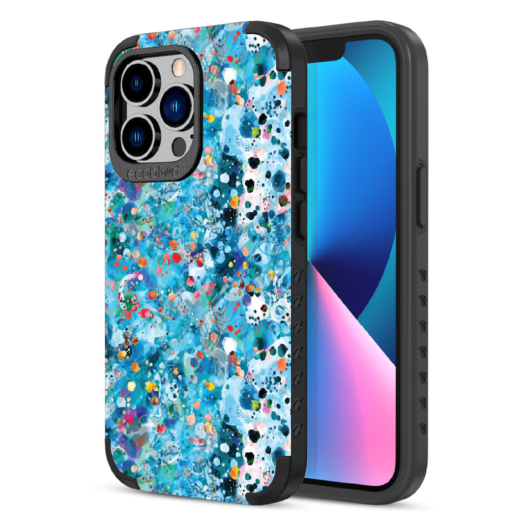 Front and back view of iPhone 13 Pro case, rugged compostable phone case in black, Brushed By The Tide design