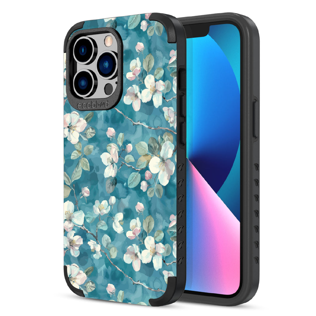 Front and back view of iPhone 13 Pro case, rugged compostable phone case in black, Sway & Sprout design