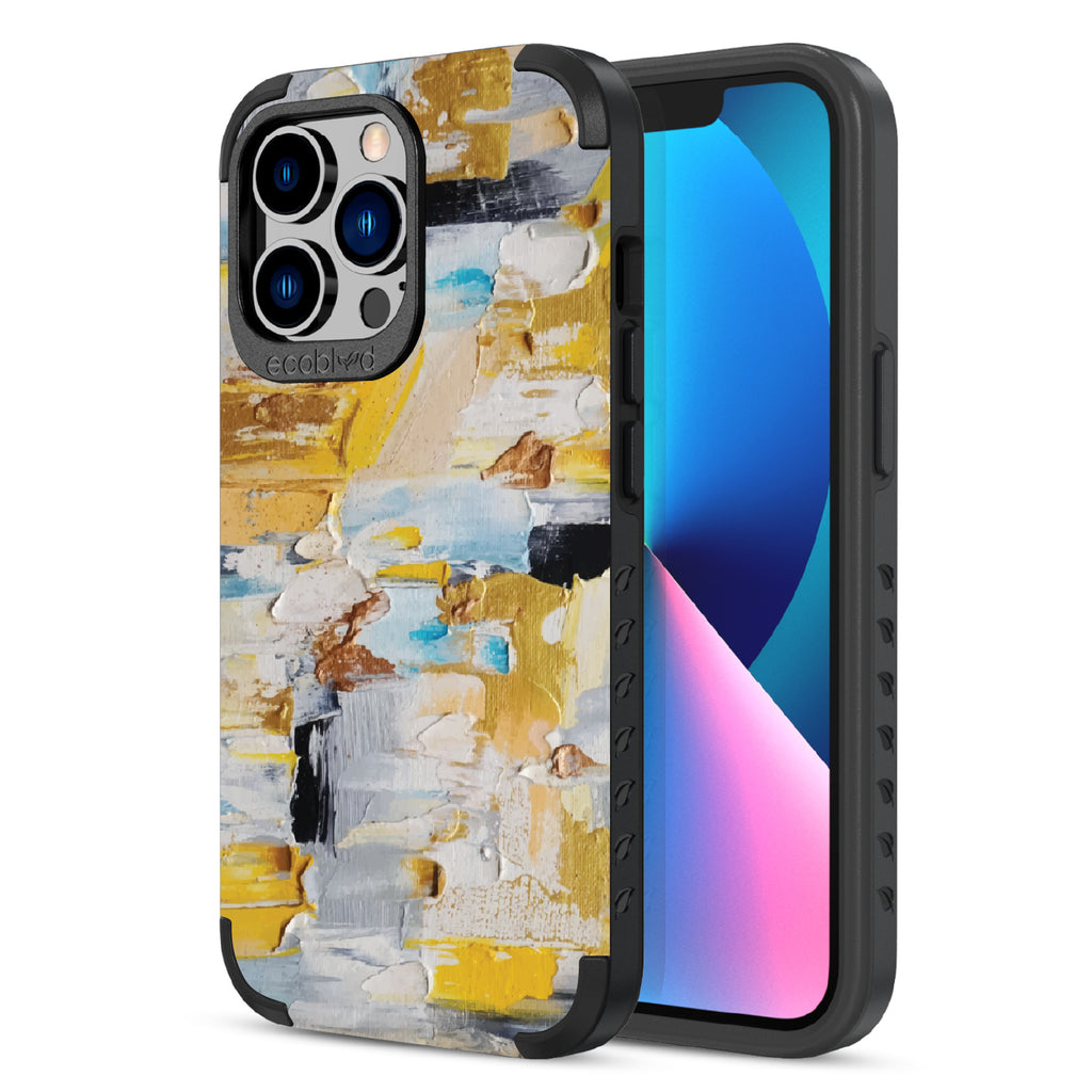 Front and back view of iPhone 13 Pro case, rugged compostable phone case in black, Lighten Up design