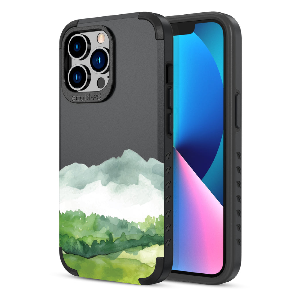 Front and back view of iPhone 13 Pro case, rugged compostable phone case in black, Open Horizon design