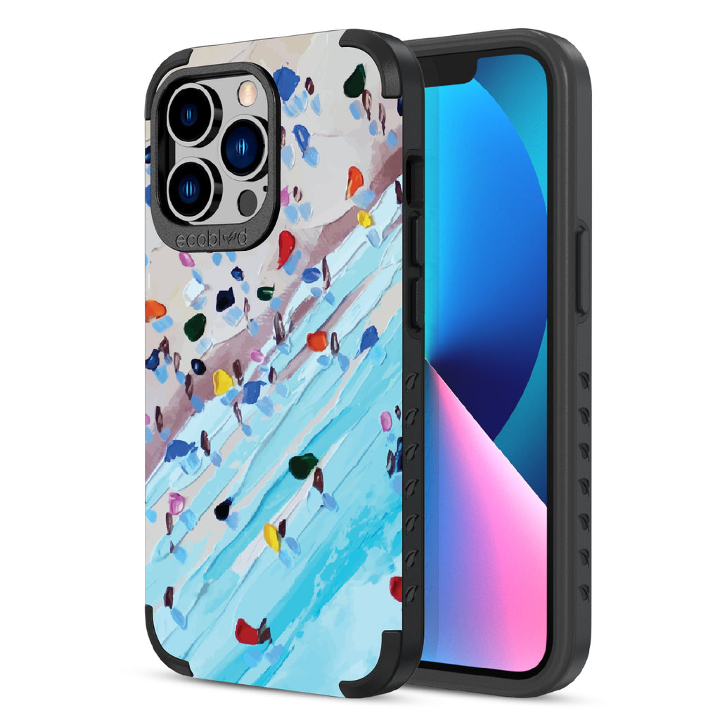 Front and back view of iPhone 14 Plus case, rugged compostable phone case in black, waves of Color design