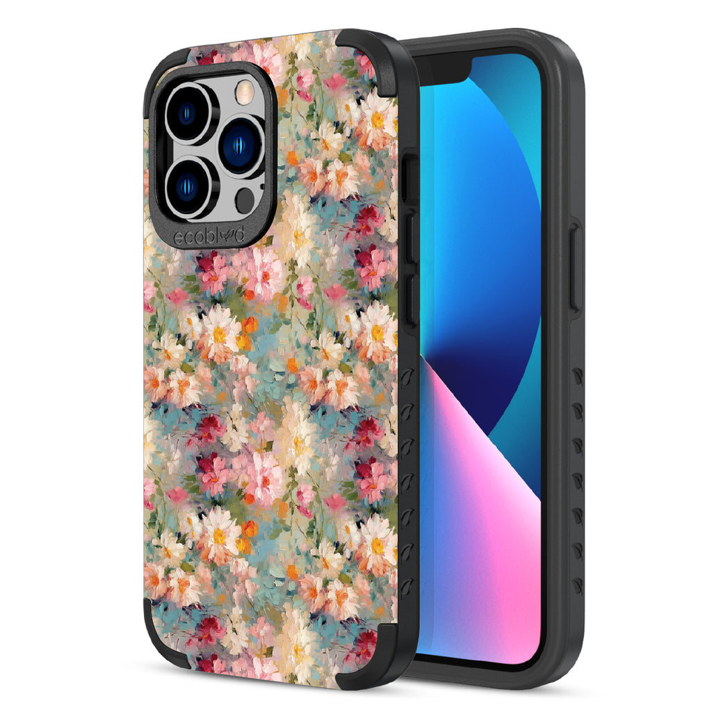 Front and back view of iPhone 13 Pro case, rugged compostable phone case in black, Perennial design