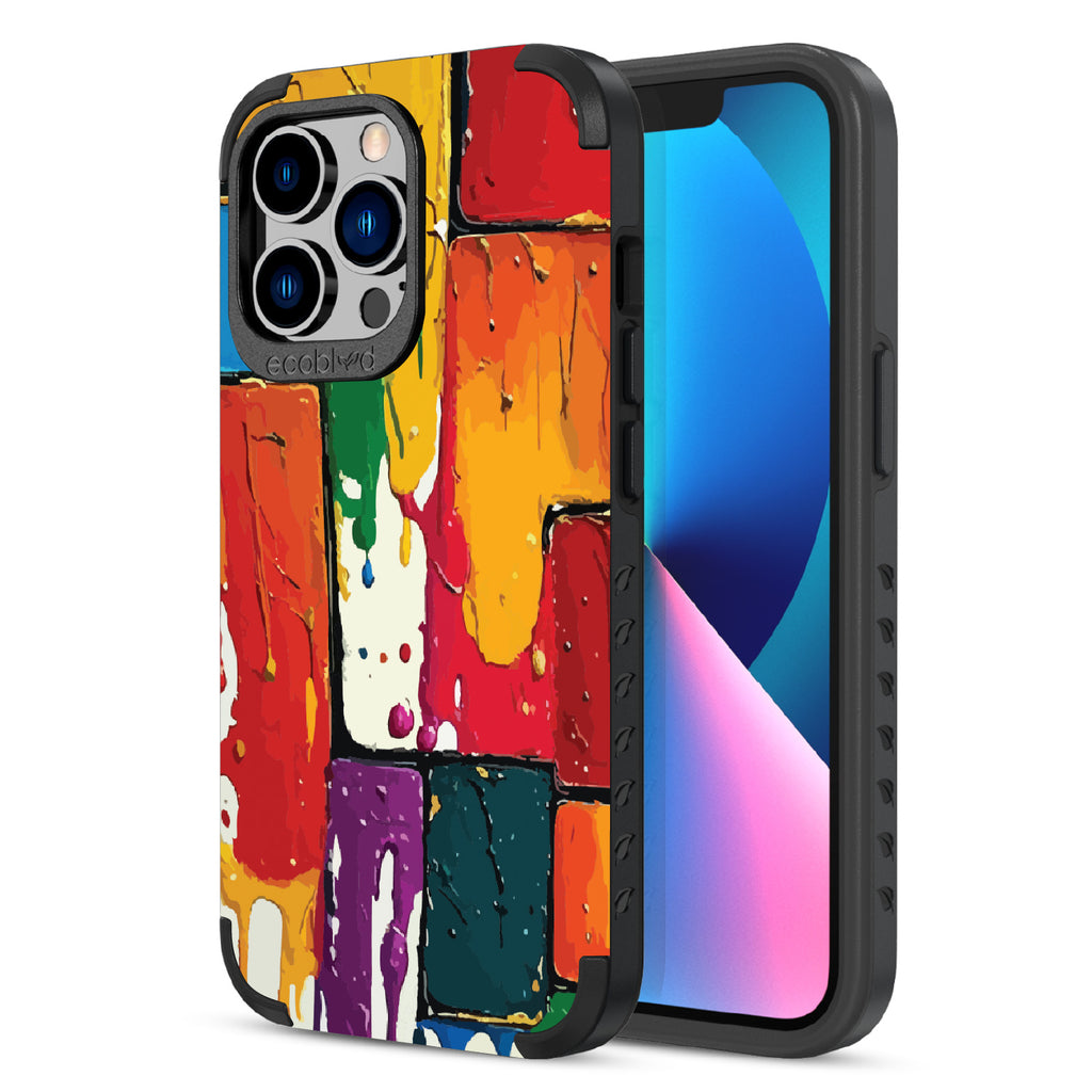 Front and back view of iPhone 13 Pro case, rugged compostable phone case in black, Color Me Mine design