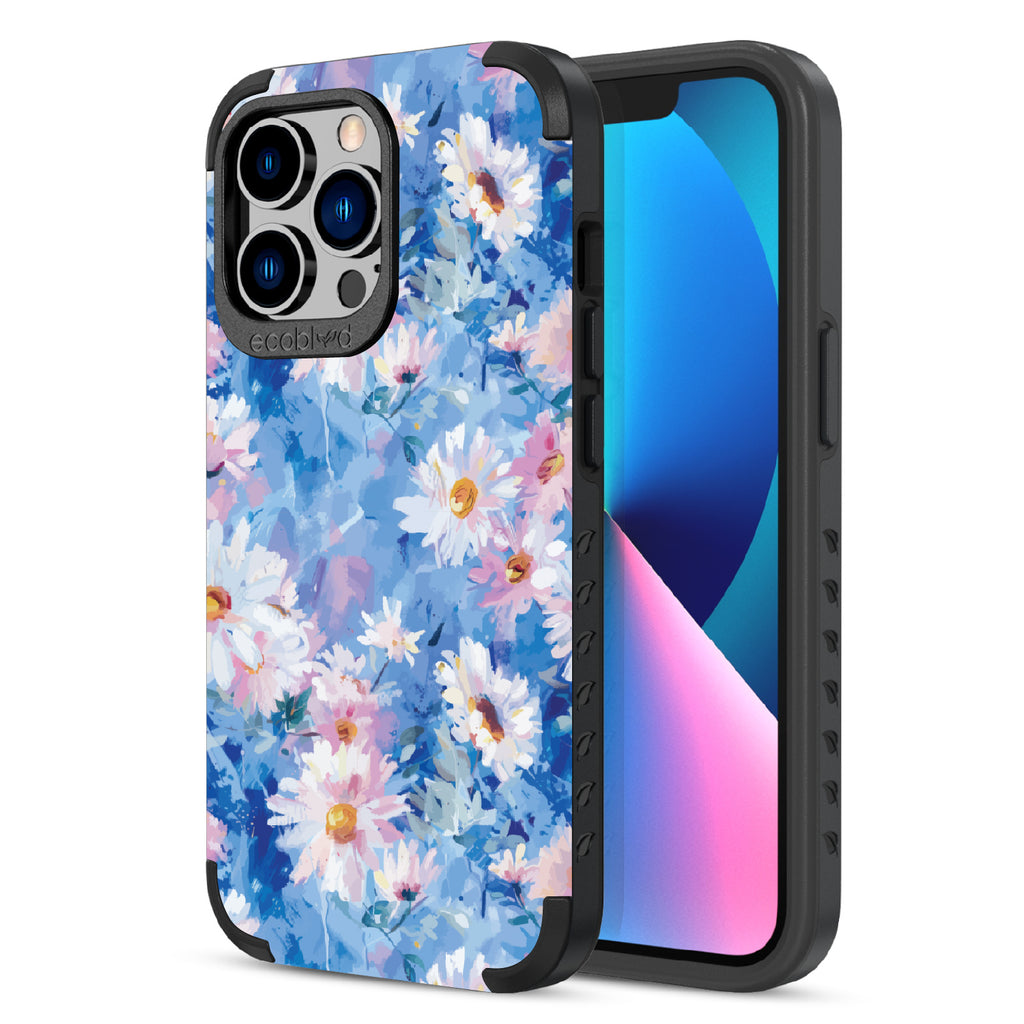 Front and back view of iPhone 13 Pro case, rugged compostable phone case in black, Blown Away design