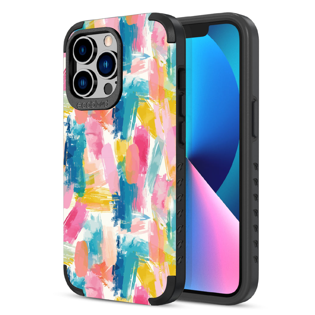 Front and back view of iPhone 13 Pro case, rugged compostable phone case in black, Blurred Beauty design