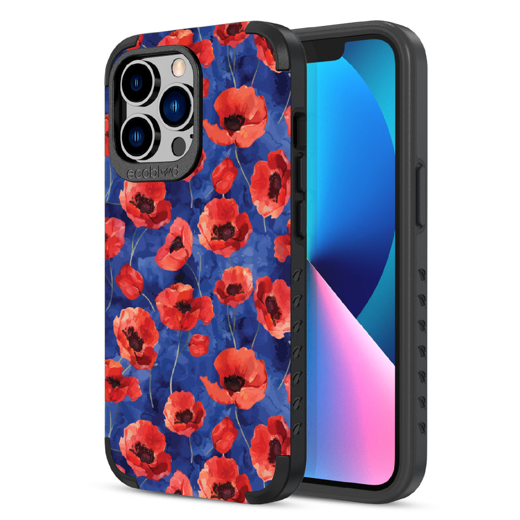 Front and back view of iPhone 13 Pro case, rugged compostable phone case in black, Dream Bouquet design