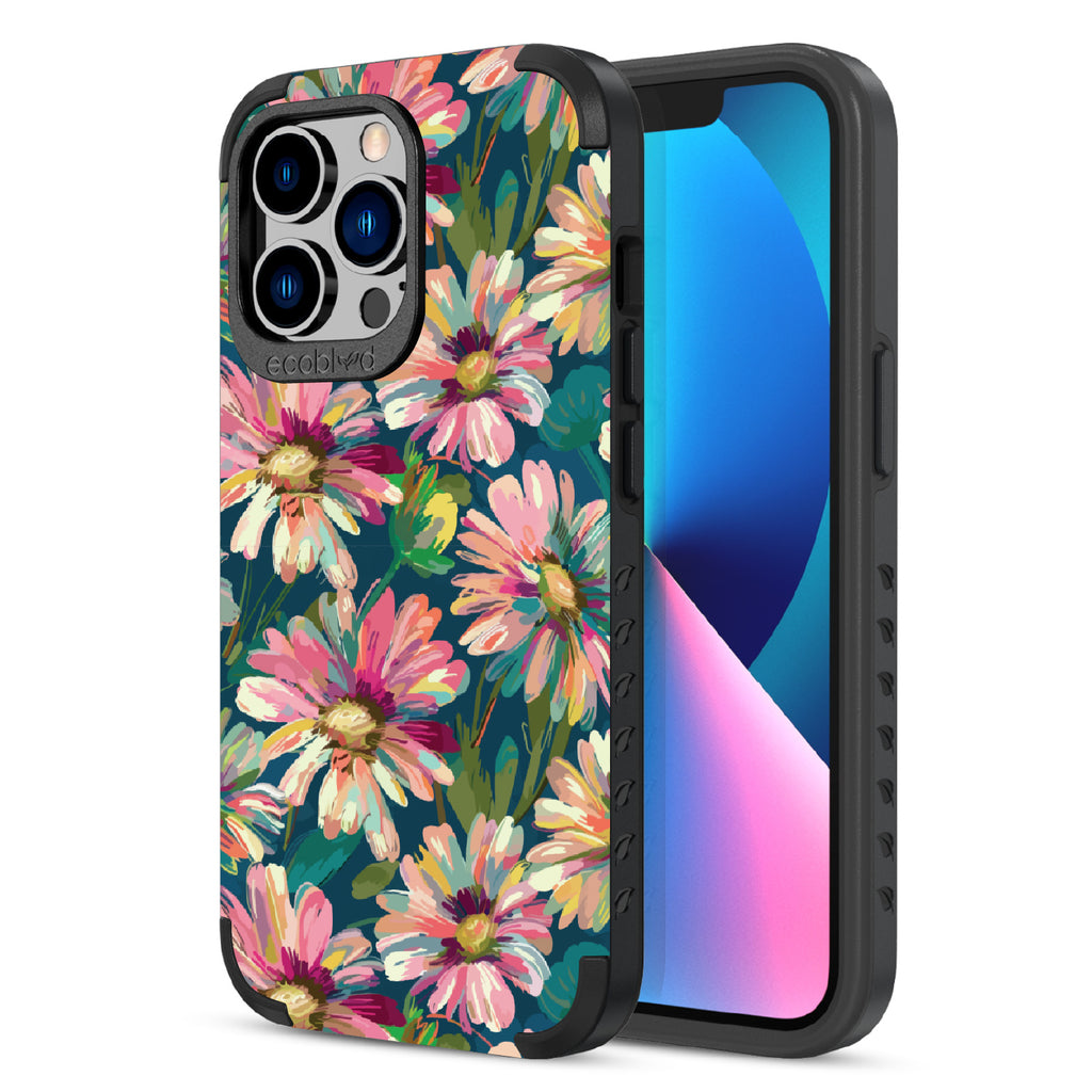 Front and back view of iPhone 13 Pro case, rugged compostable phone case in black, Daisy Dusk design