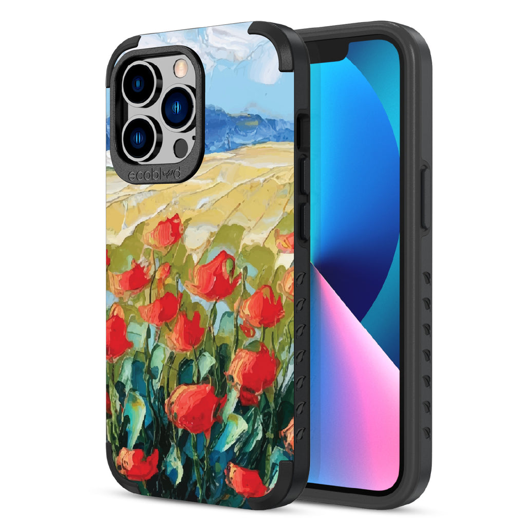 Front and back view of iPhone 13 Pro case, rugged compostable phone case in black, Sleepy Bloom design