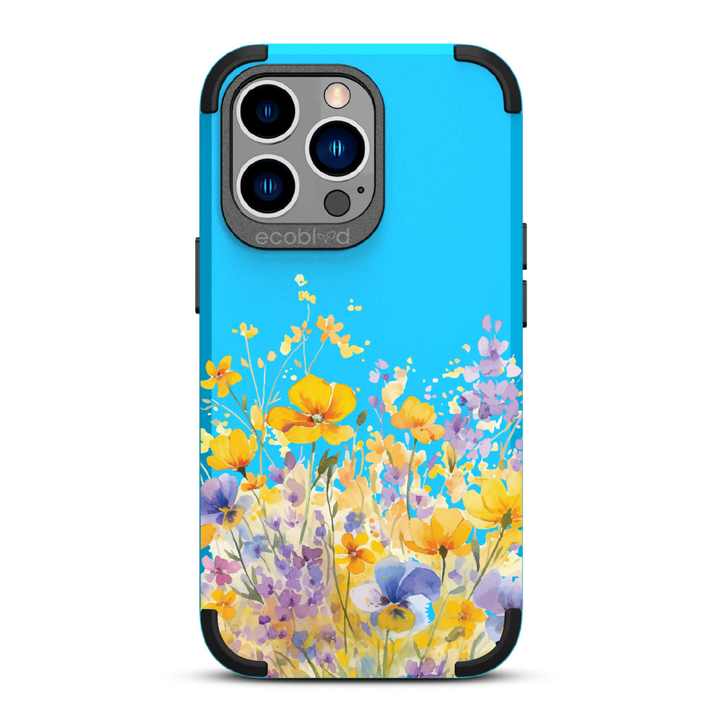 iPhone 12 Pro Max & 13 Pro Max case, rugged compostable phone case in blue, back view, Meadowlight design