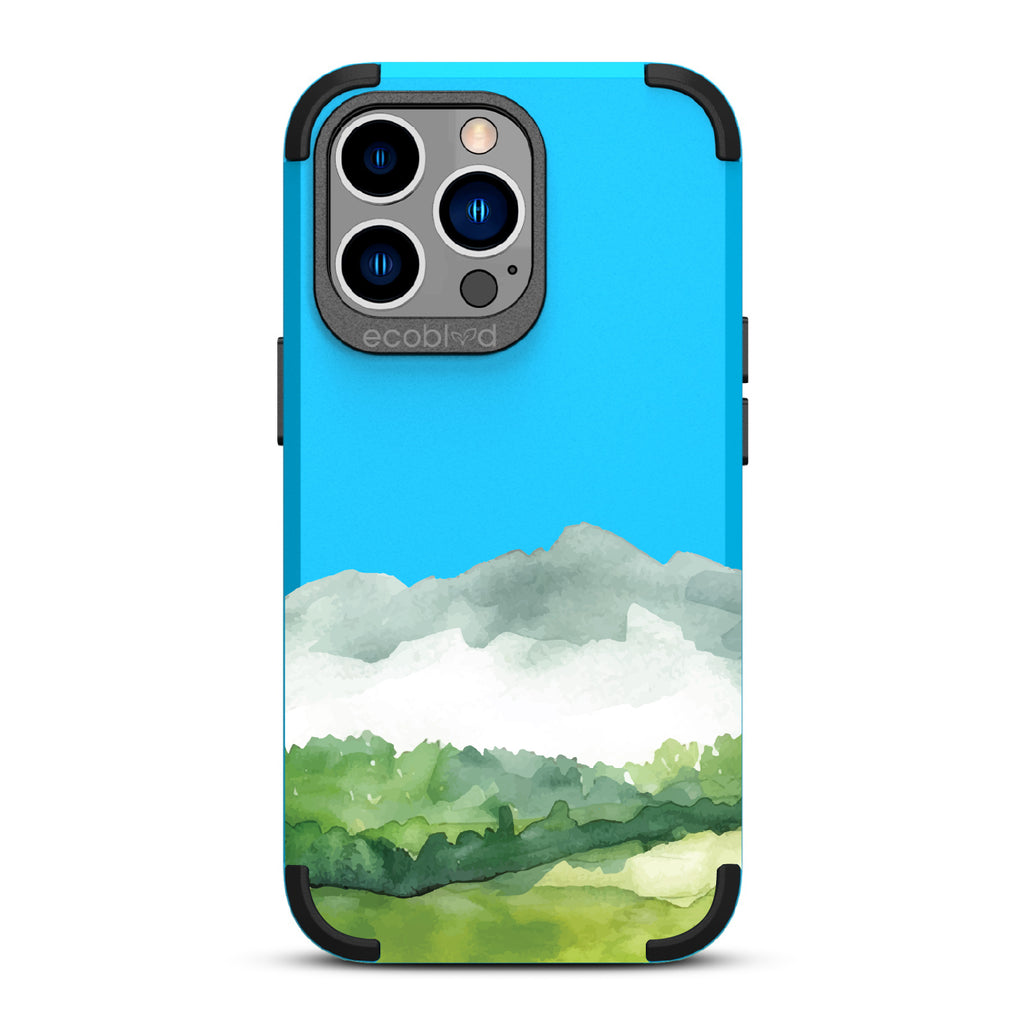 iPhone 13 Pro case, rugged compostable phone case in blue, back view, Open Horizon design
