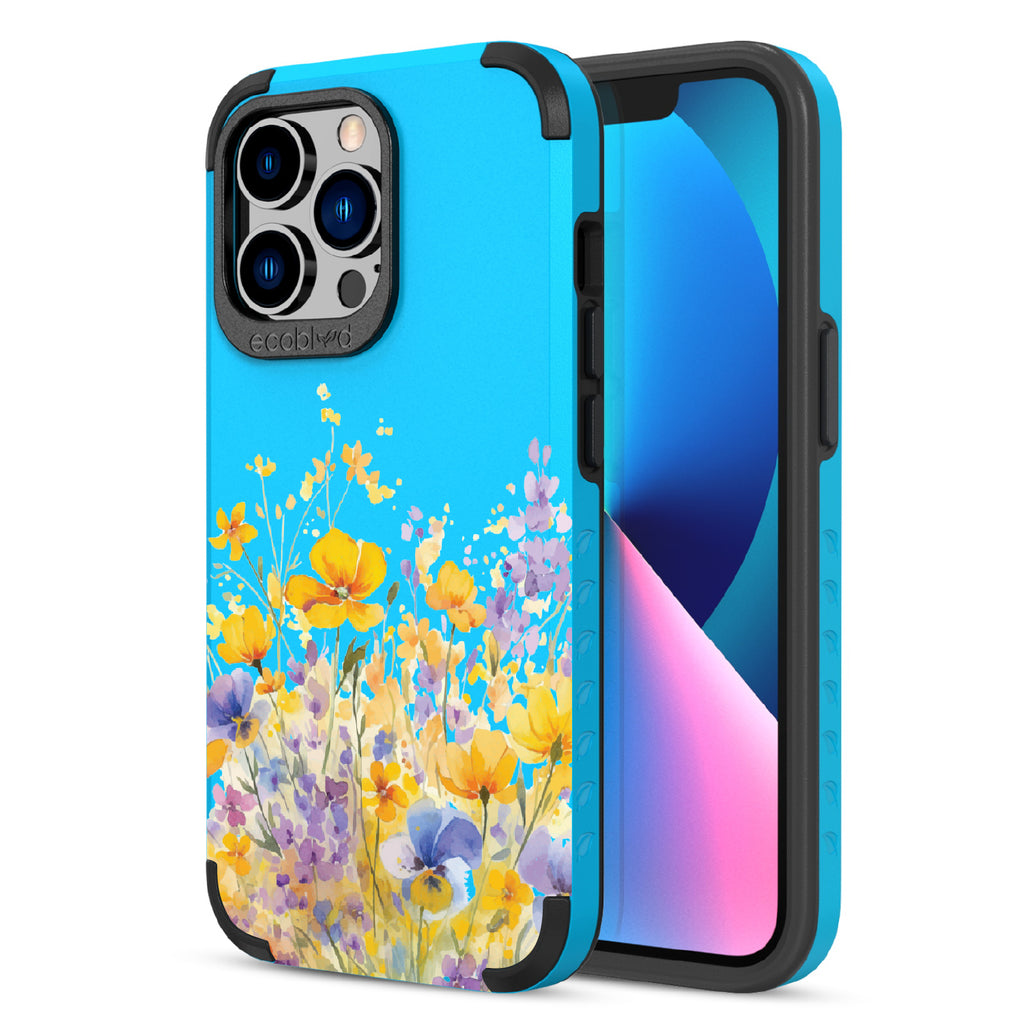 Front and back view of iPhone 13 Pro case, rugged compostable phone case in blue, Meadowlight design