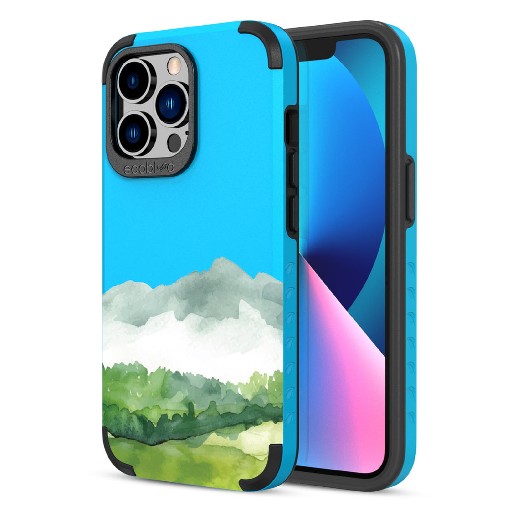 Front and back view of iPhone 13 Pro case, rugged compostable phone case in blue, Open Horizon design