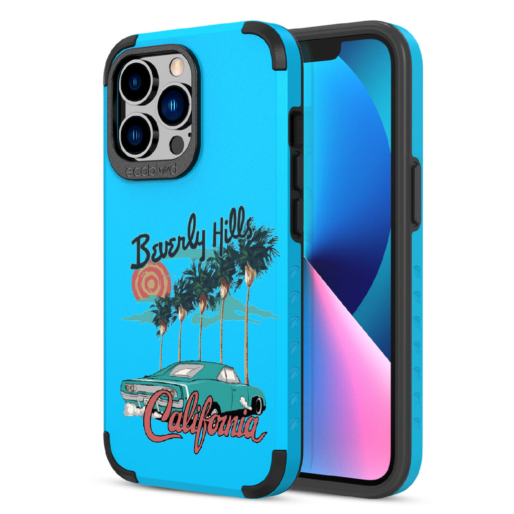 Front and back view of iPhone 12 PRo Max & 13 Pro Max case, rugged compostable phone case in blue, 90210 design