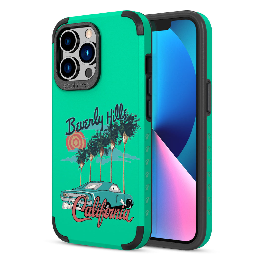 Front and back view of iPhone 12 Pro Max & 13 Pro Max case, rugged compostable phone case in green, 90210 design