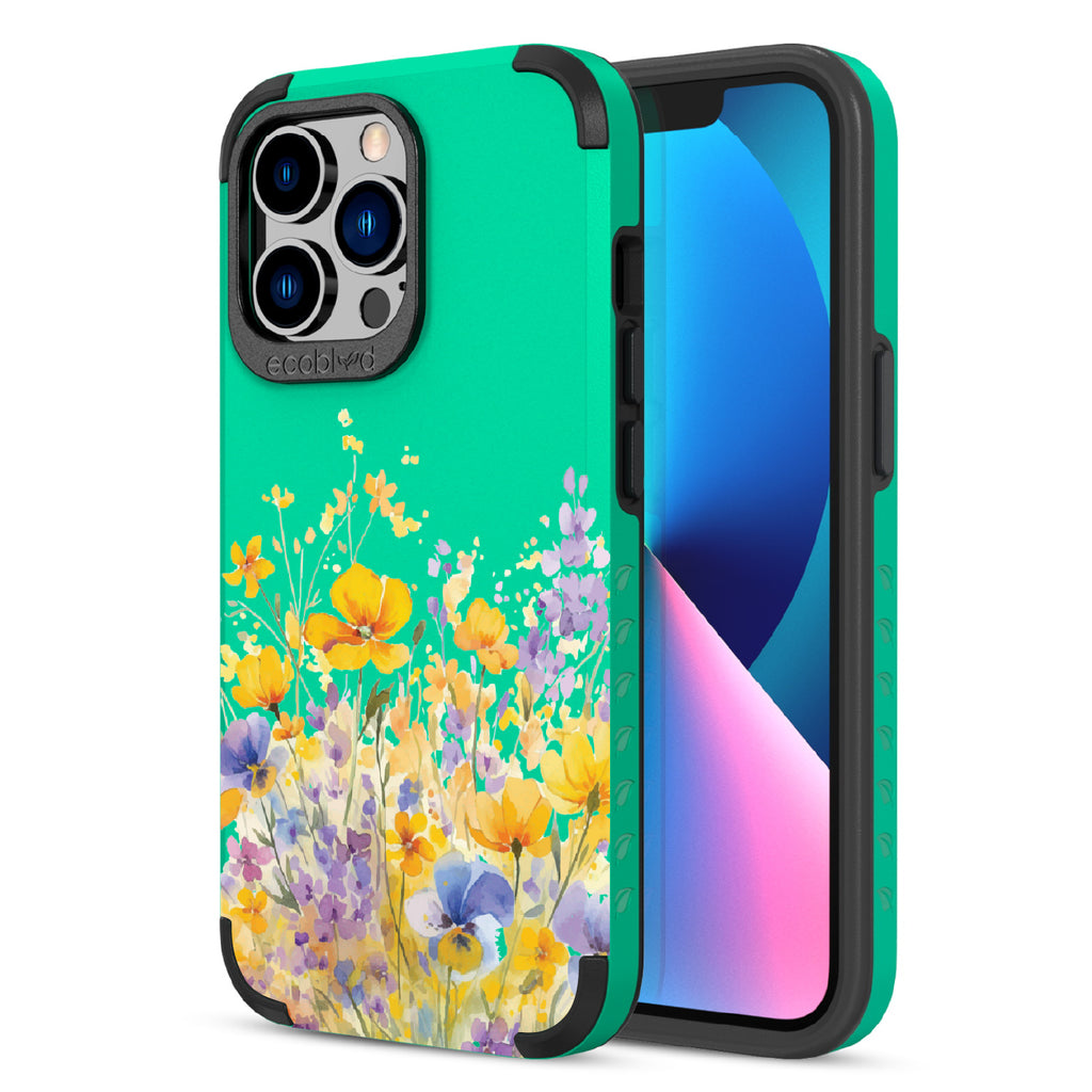 Front and back view of iPhone 13 Pro case, rugged compostable phone case in green, Meadowlight design
