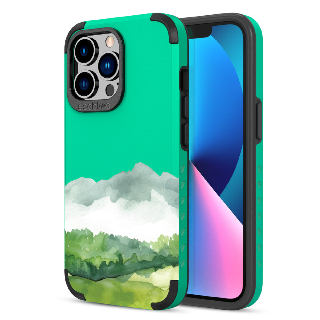 Front and back view of iPhone 13 Procase, rugged compostable phone case in green, Open Horizon design