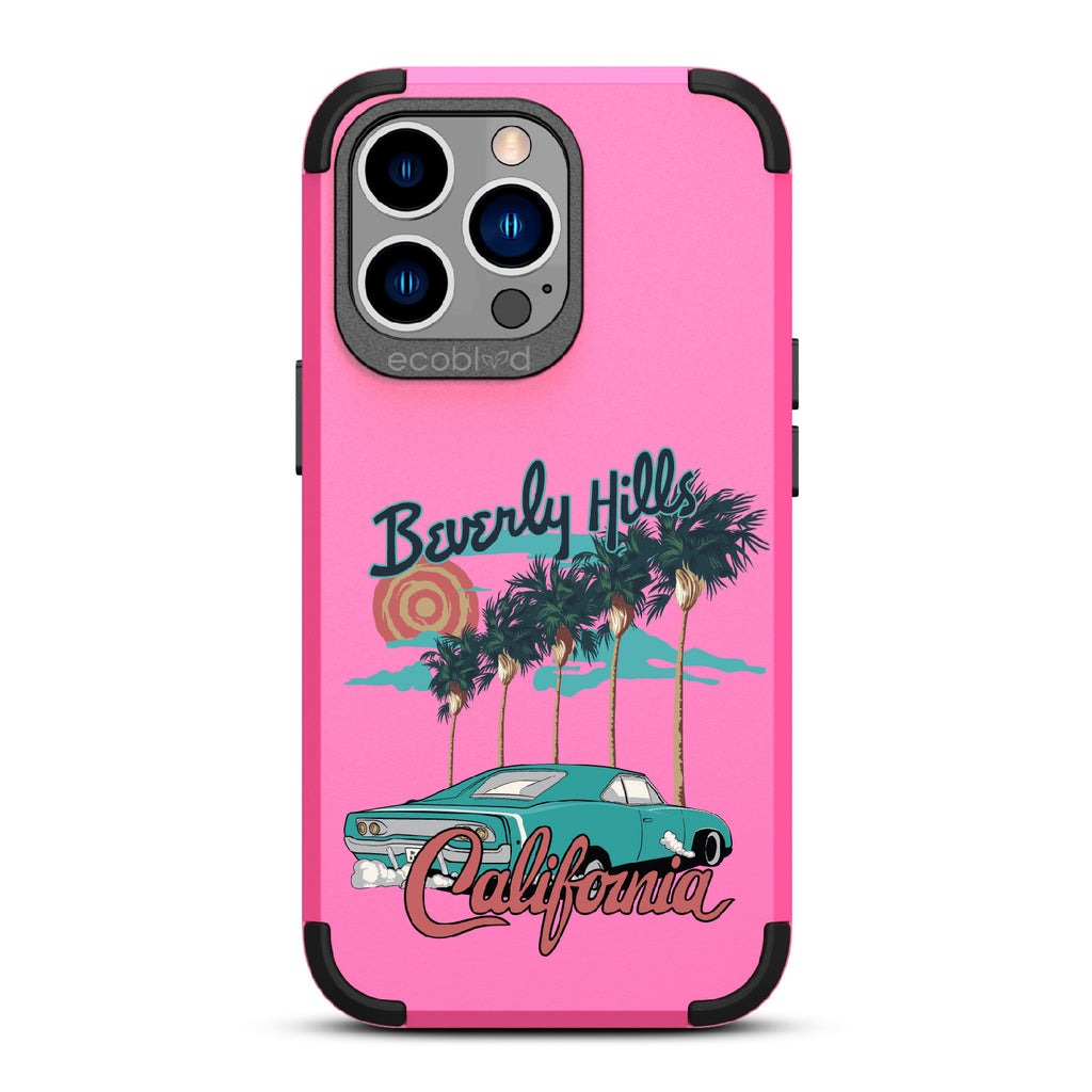 iPhone 13 Pro case, rugged compostable phone case in pink, back view, 90210 design