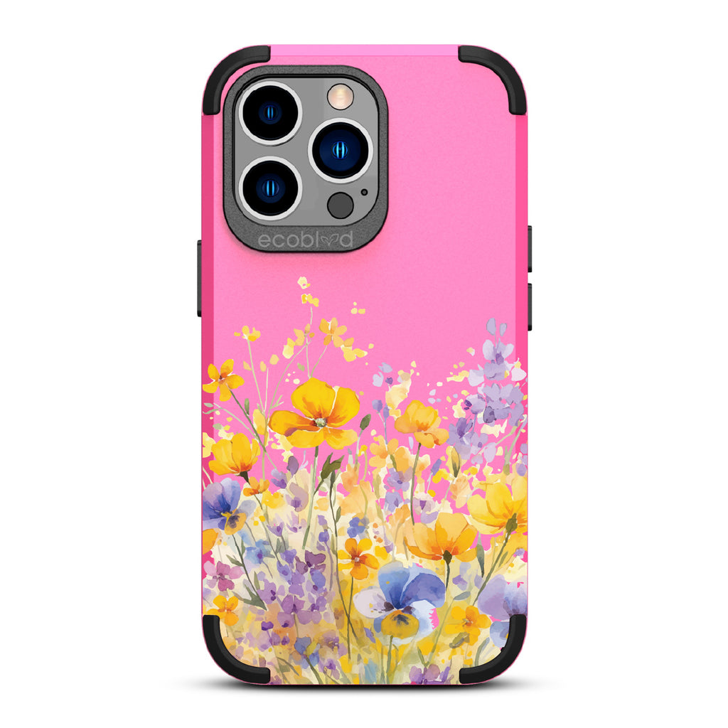 iPhone 13 Pro case, rugged compostable phone case in pink, back view, Meadowlight design