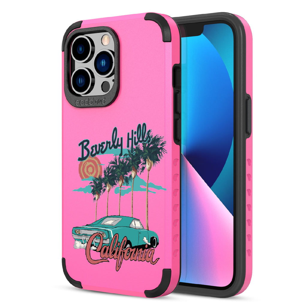 Front and back view of iPhone 13 Pro case, rugged compostable phone case in pink, 90210 design