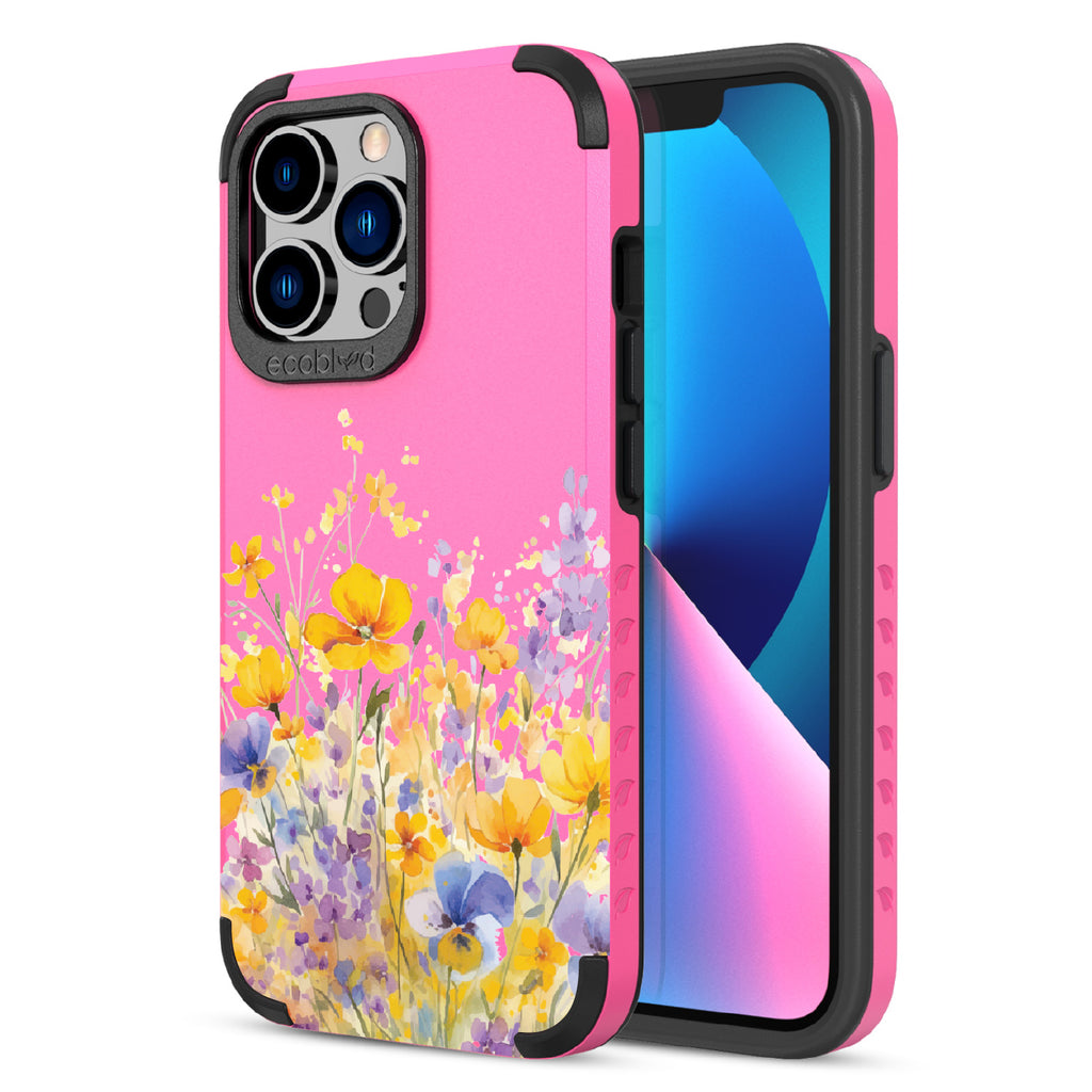 Front and back view of iPhone 13 Pro case, rugged compostable phone case in pink, Meadowlight design