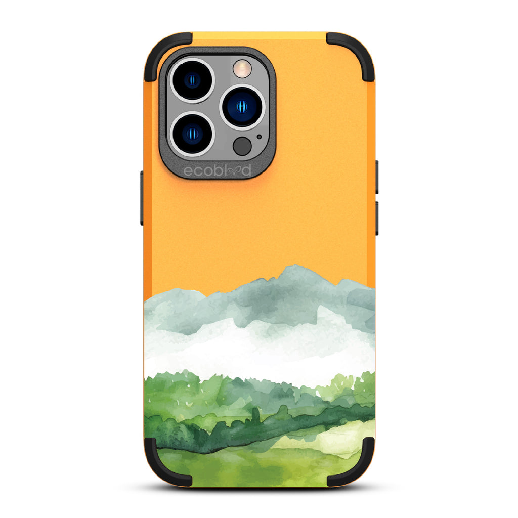 iPhone 13 Pro case, rugged compostable phone case in yellow, back view, Open Horizon design
