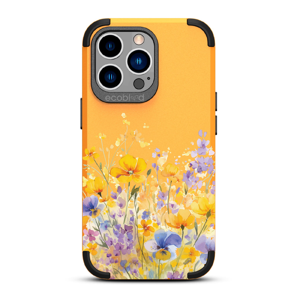 iPhone 13 Pro case, rugged compostable phone case in yellow, back view, Meadowlight design