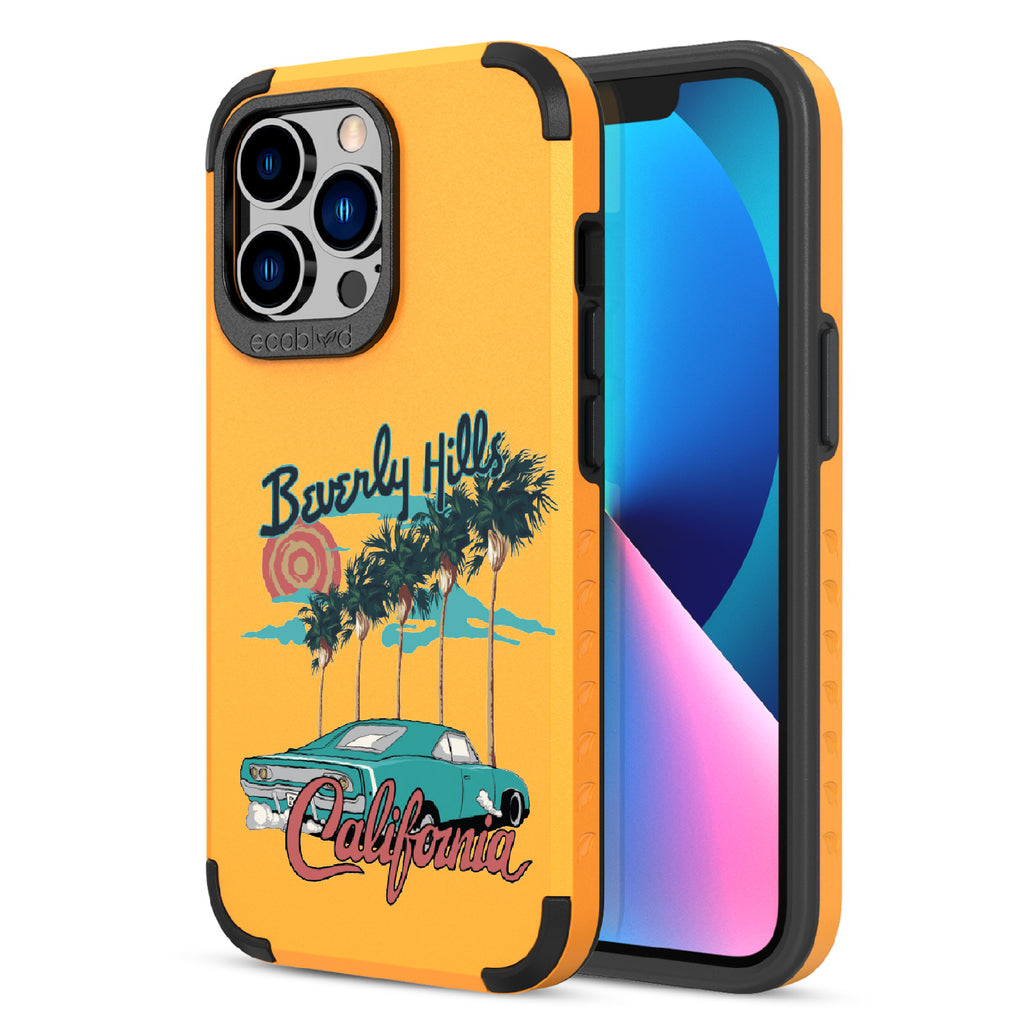 Front and back view of iPhone 12 Pro Max & 13 Pro Max case, rugged compostable phone case in yellow, 90210 design