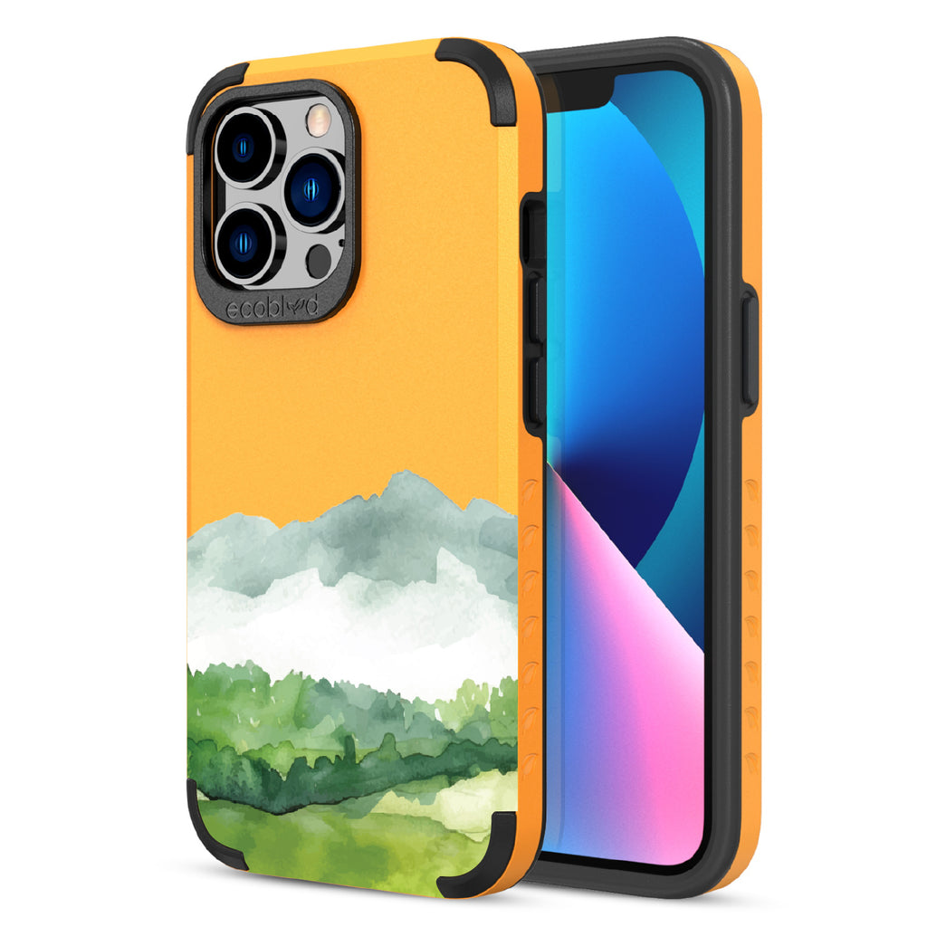 Front and back view of iPhone 13 Pro case, rugged compostable phone case in yellow, Open Horizon design