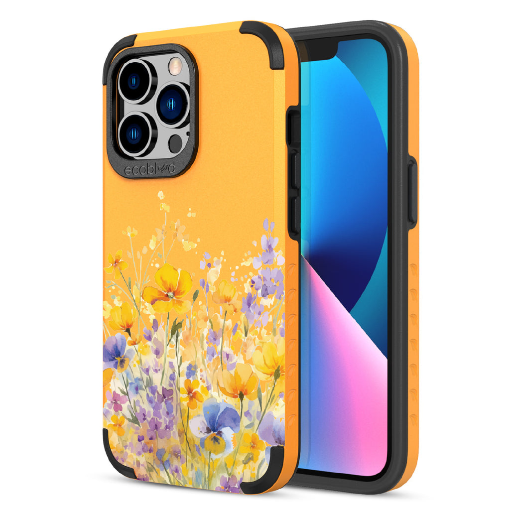 Front and back view of iPhone 13 Pro case, rugged compostable phone case in yellow, Meadowlight design