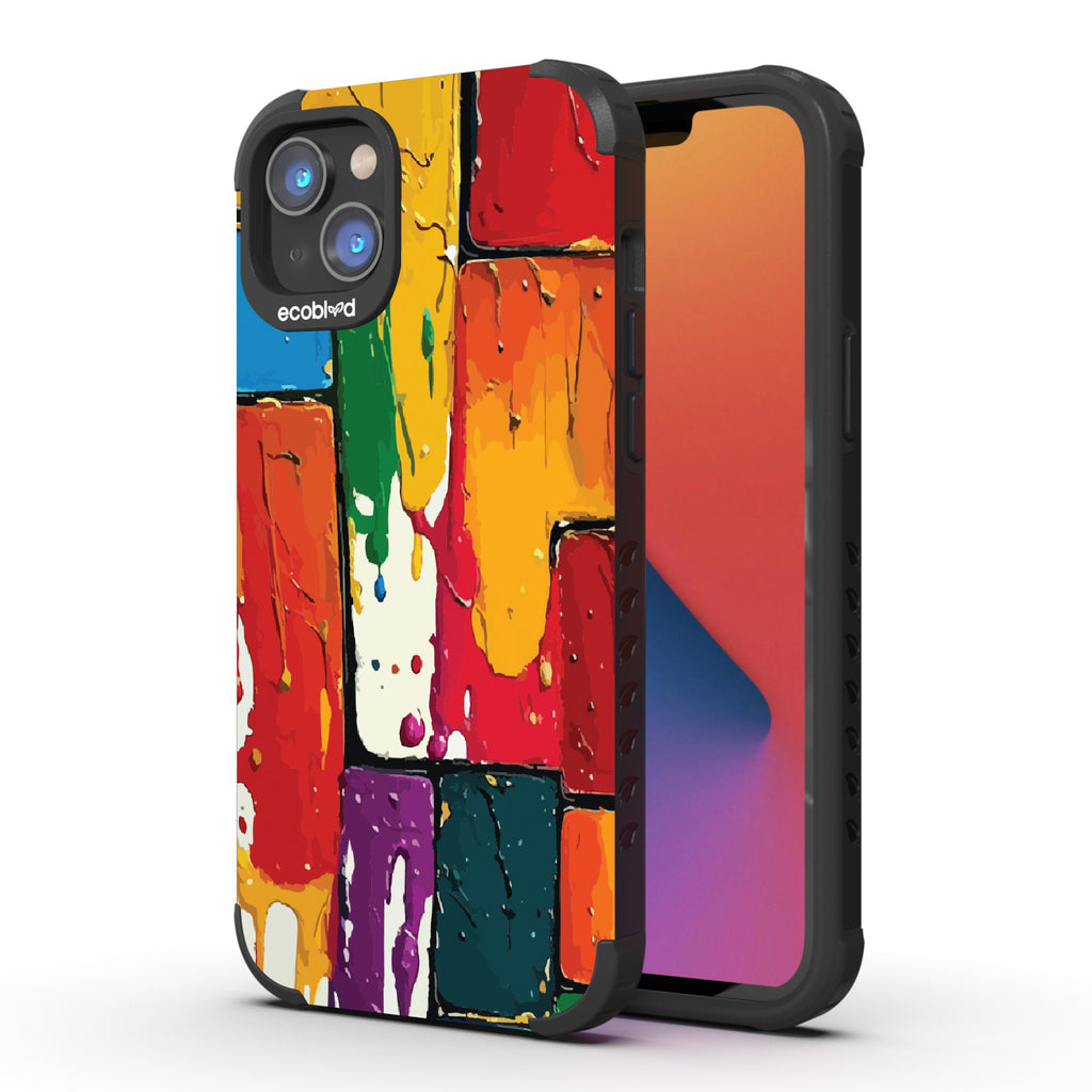 Front and back view of iPhone 14 Plus case, rugged compostable phone case in black, Color Me Mine design